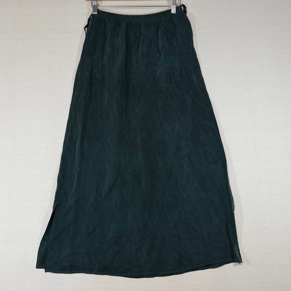 Vintage Rabbit Designs Forest Green Rayon Maxi Skirt Side Slits Size 6M USA Made